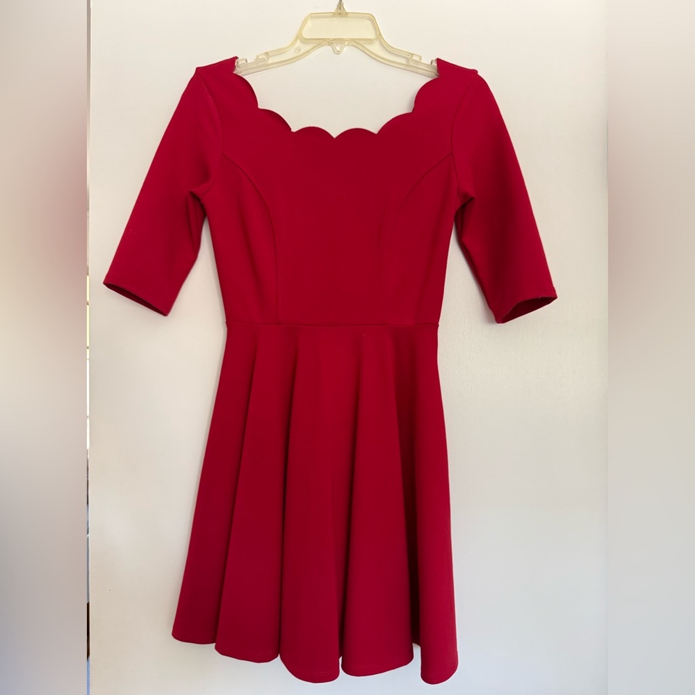 Lulus Mini Red Scalloped Skater Dress - Picture 3 of 5